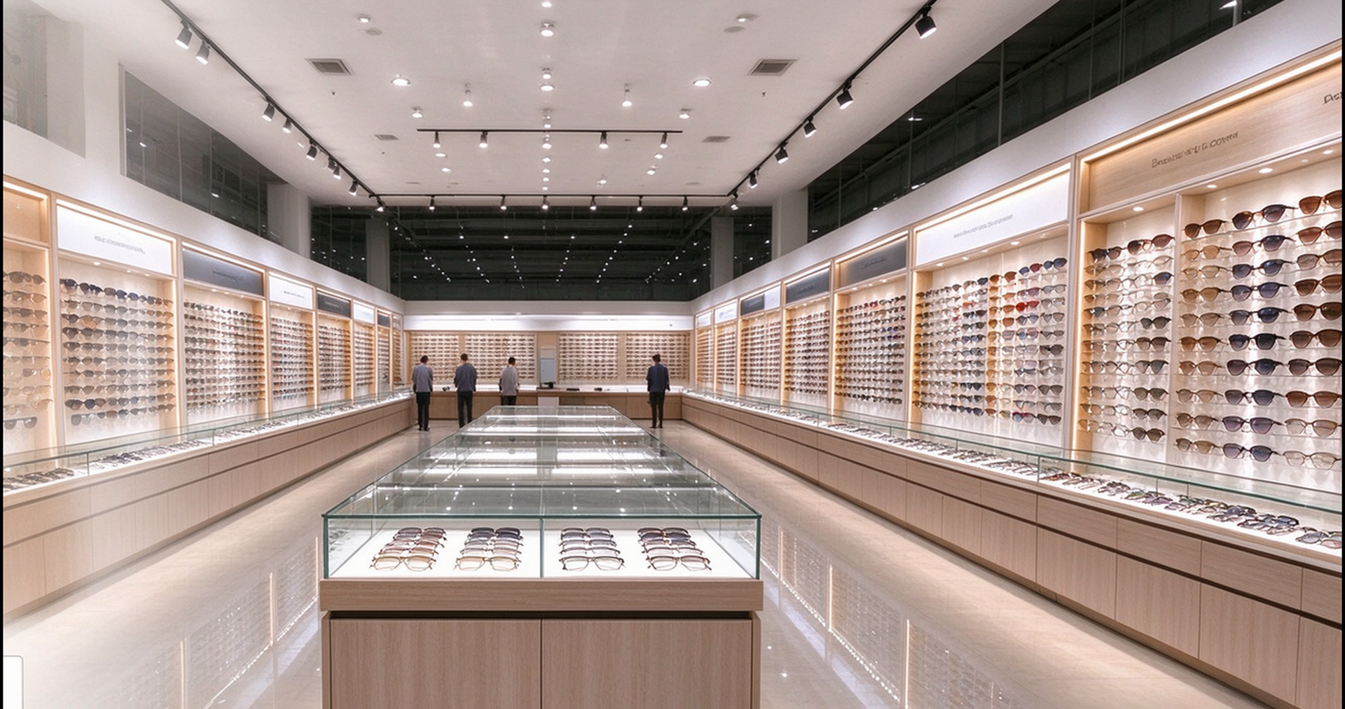 Sunglasses and optical frames displayed on shelves in the Nanwei Eyewear showroom in Yiwu, China